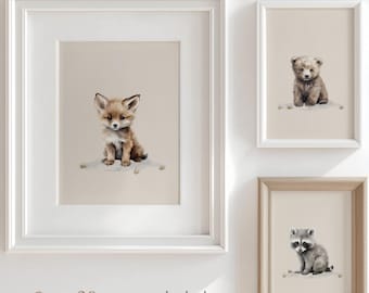 Tavolini con animali del bosco - Decorazioni per cameretta dei bambini - Stampe di animali del bosco - Arte della fauna selvatica del bosco - Decorazioni per cameretta dei bambini - set di 3