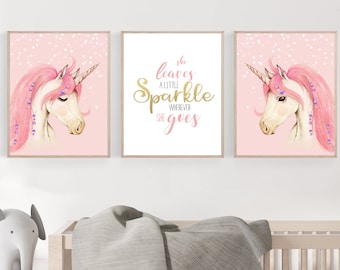 Imprimés licornes - Décoration licorne - Ensemble d'art mural Licorne - Déco murale licorne - Déco pour chambre de fille - Fard à joues rose - Visage de licorne - Art mural pour chambre d'enfant
