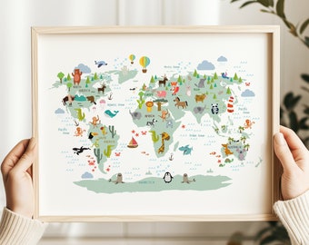 May include: A colorful world map with animals from different continents. The map is printed on white paper and framed in a light wood frame. The map includes the continents of North America, South America, Europe, Asia, Africa, Australia, and Antarctica.