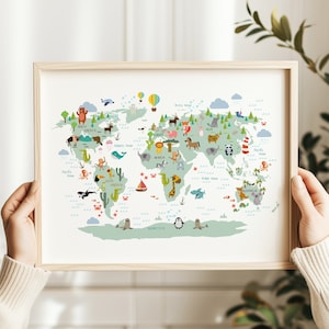 Carte du monde animal, carte de la chambre d'enfant, affiche éducative, décoration murale pour chambre d'enfant, matériaux Montessori, affiche pour enfant, TÉLÉCHARGEMENT NUMÉRIQUE, H3116