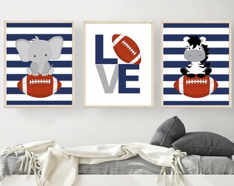 Boys football room decor - Sports nursery decor - Navy blue nursery - Animal sports nursery print- Baby boy football decor - H2148