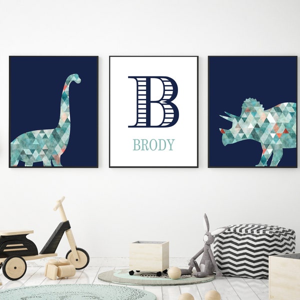 Boys name wall decor - Custom name wall art - Dinosaur personalized print - Dinosaur bedroom decor - Dinosaur nursery prints - Blue prints