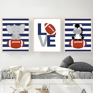 Boys football room decor - Sports nursery decor - Navy blue nursery - Animal sports nursery print- Baby boy football decor - H2148