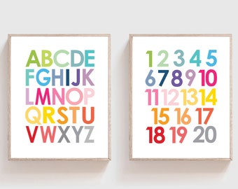 May include: Two framed prints, one with the alphabet in colorful letters and the other with numbers 1-20 in colorful numbers.