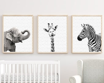 Black and White Safari Animals, Nursery Art Print Set, black and white animal art, Zebra, Elephant, Giraffe Wall Art Prints  -  H1498