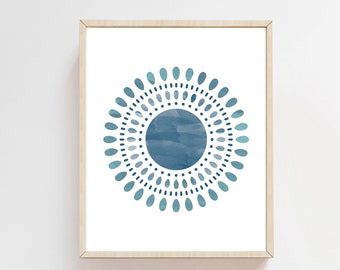 Blue Watercolor Abstract Art Print - Dot Art Sun - Modern Minimalist - Brush Stroke Art - Abstract Painitng - H1549