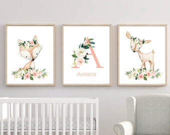 Girls nursery woodland print set, Floral woodland wall art, Girls bedroom decor, Girls forest animals, Personalised name prints -  H1511