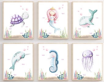 Nursery ocean prints - Girls room decor - Mermaid and Sea animals wall art - Ocean nursery prints - Under the sea wall art - Sea watercolor