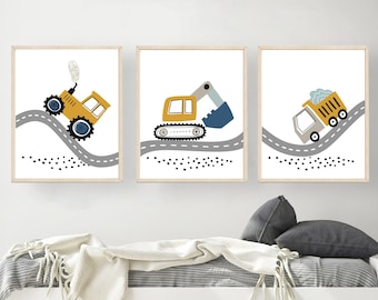 Construction Trucks Nursery Prints, Boys Transportation Wall Art, Playroom Decor, Set of 3 Printables, Dump Truck Print, Digital Art H2986