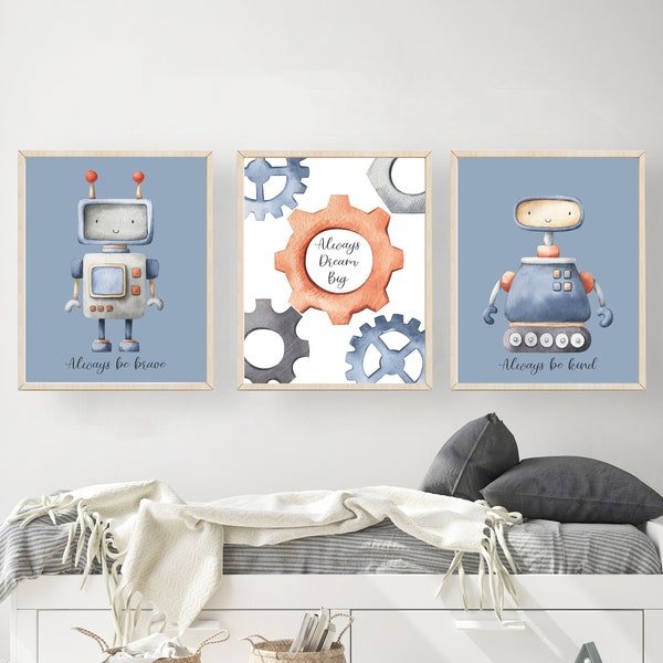 Robot wall art - Printable wall art- Robot wall decor - Blue nursery decor - Baby boy nursery - Boy wall prints - Robot poster - H2728