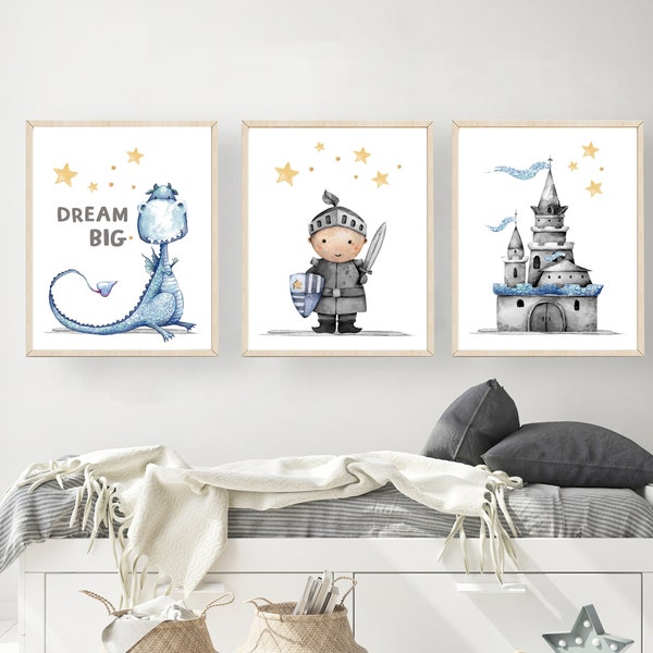 Impression de pépinière de chevalier - Art mural Dragon - Décor de chambre de garçons - Décor de pépinière de château - Décor de pépinière de garçons - Art mural de chevalier - Cadeau d'enfant en bas âge de garçon