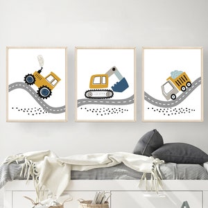 Baulastwagen Kinderzimmerdrucke, Jungen Transportmittel, Spielzimmer Dekor, 3er-Set Drucksachen, Kipplaster Print H2986