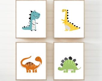 May include: Set of four printable dinosaur illustrations. Each print features a different dinosaur in a cartoon style. The dinosaurs are blue, yellow, orange, and green.