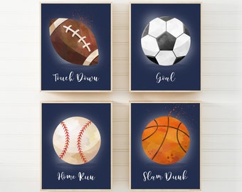 Impressão esportiva - Arte de parede esportiva para impressão - Decoração de quarto de meninos - Berçário azul marinho - Arte de parede esportiva - Arte de parede com bolas esportivas - Futebol
