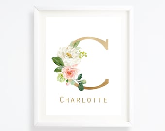 Floral initial print - Boho nursery print - Baby girl wall art - Personalized prints - Blush pink wall art - Printable gold wall art - H1564