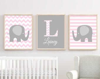 Girl Elephant Nursery Wall Art, Pink and Gray Nursery Wall Art, Baby Girls Nursery Wall Art Print Set of 3, Baby Name Wall Art - H1114