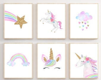 Unicorn wall art printable - Girls room decor - Unicorn prints - Pink and gold wall art - Girls room prints - Unicorn face - Cloud rainbow