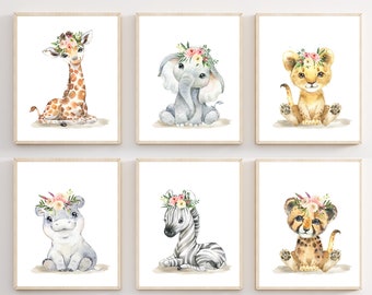Girl safari nursery - Nursery decor - Baby girl nursery art - Floral safari animals - Nursery art prints - Baby girl nursery decor - H2746