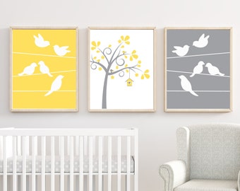 Bird Nursery Wall Art Print, Bird and Trees Wall Art Prints, Yellow Gray Nursery Prints, Baby Wall Art Print and Bedroom Decor H210