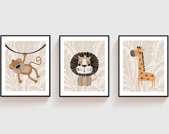 Arte de pared para guardería - Láminas bohemias para guardería - Decoración de safari para guardería - Decoración neutra para guardería - Guardería beige - Láminas de safari para guardería - Animales bebés
