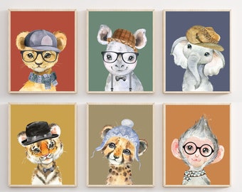 Hipster animal print - Animals with cloths print - Fun animal art - Boys room decor - Cool animal prints -  Boys animal printables - H2447