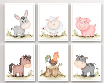 Farm animals decor - Watercolor farm animals - Printable farm animals - Farm nursery decor - Farm nursery print - Set of 6 - Lamb Pig Cow