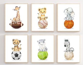 Animal sport prints - Sports nursery prints - Nursery decor - Safari baby animal prints - Watercolor animal prints - Baby boy sports - H2812