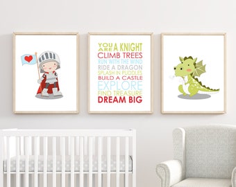 Baby Boy Nursery Art Prints. Knight and Dragon Nursery Art Prints. Baby Nursery Quote Art. Custom Colors - H232