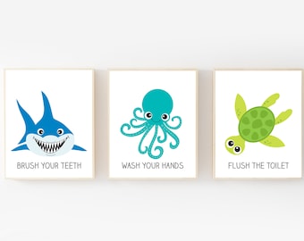 Kids bathroom wall art - Bathroom prints kids - Kids bathroom wall decor - Bathroom signs - Wash your hands - Brush your teeth - Flush