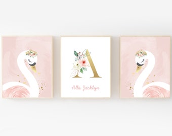 Swan nursery wall art - Blush pink nursery - Girl name wall art - Girl nursery decor - Watercolor swan - Swan nursery wall art - Name print