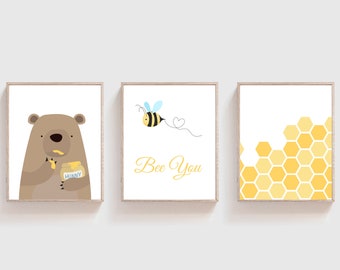 Bumble Bee Wand Kunstdruck, Bär und Biene Kinderzimmer Dekor, passt Gelb Kinderzimmer und Schlafzimmer Dekor, By You Baby Zitat - H1458