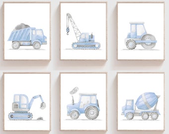 May include: Set of six watercolor illustrations of blue construction vehicles on white backgrounds. The vehicles include a dump truck, crane, steamroller, excavator, tractor, and cement mixer.