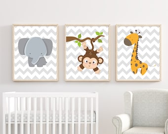 Elephant, Giraffe and Monkey Nursery Wall Art Prints, Nursery Prints, Baby Boy Nursery Wall Art Print Bedroom Decor - H174