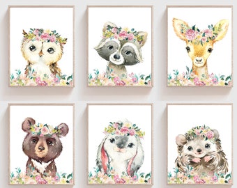 Baby Wandbild für Mädchen - Baby Bilder - Waldtiere - Blumenkronen Tiere - Blumenkronen Tiere - Mädchenzimmer Dekor - Baby Mädchenzimmer