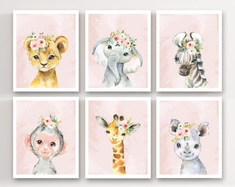 Girls nursery decor - Pink safari animal prints - Baby animal prints - Baby girl nursery wall art - Girl safari nursery decor - Pink flowers