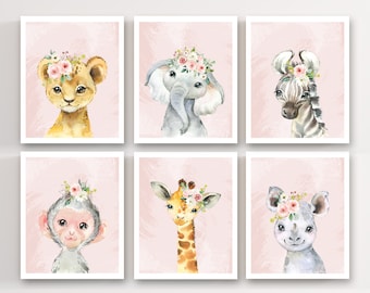 May include: Set of six watercolor animal prints featuring a lion, elephant, zebra, monkey, giraffe, and rhinoceros. Each animal is wearing a pink flower crown and has a pink background.