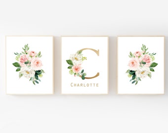 Personalized with Name 11x14 Set of 3 UNFRAMED Blush Pink Heart and Flowers Nursery Prints 