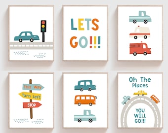 Transportation wall art - Car nursery decor - Boy room car decor - Set of 6 Car printables - Car wall art - Boys nursery art - Car art print