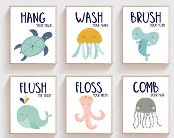 Kids bathroom decor - Brush your teeth - Wash your hands - Hang your towel - Flush the toilet - Bathroom rules - Kids bathroom wall art