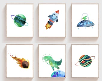 Dinosaur space nursery - Dinosaur nursery wall art - Dinosaur decor - Boys room wall decor - Space art print - Dinosaur printable - H2314