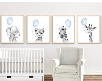 Nursery decor boy - Baby blue nursery wall art - Safari animal print - Baby boy nursery decor - Boy nursery prints - Boy nursery decor