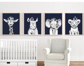 May include: Four framed prints of animals wearing headdresses on a navy blue background. The animals are a giraffe, rhinoceros, elephant, and lion. The frames are light wood.