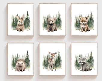 May include: Set of six watercolor illustrations featuring woodland animals in a forest setting. The animals include a rabbit, bear cub, fox, hedgehog, deer fawn, and raccoon. Each animal is depicted in a cute and whimsical style, surrounded by green trees and a watercolor background.