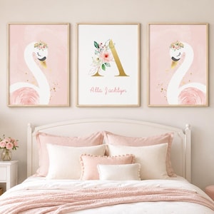 Swan nursery wall art - Blush pink nursery - Girl name wall art - Girl nursery decor - Watercolor swan - Swan nursery wall art - Name print