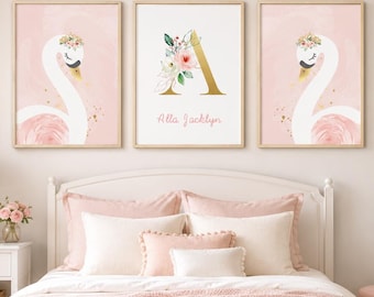 Schwan Kinderzimmer Wandbild - Rosa Mädchen - Mädchen Name Wandbild - Mädchenzimmer Dekor - Aquarell Schwan - Namen Druck - Schwan