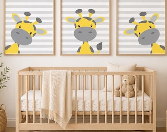 Baby Giraffe Nursery Art, Yellow And Grey Nursery Art Decor, Giraffe Nursery Art Prints -H192