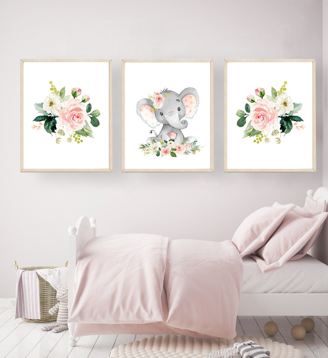 Pink floral elephant wall art Watercolor elephant print Etsy