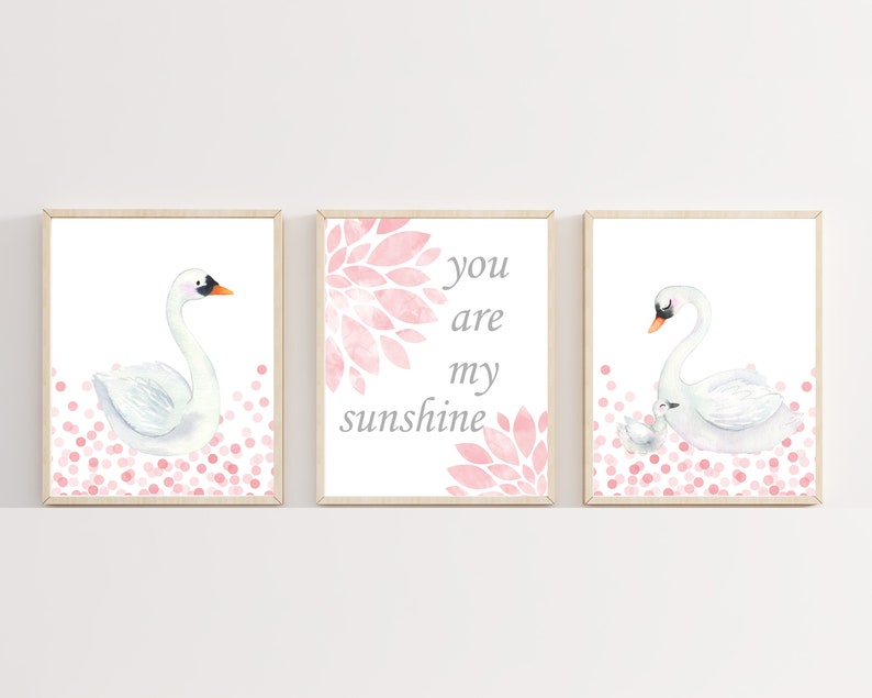 Swan Wall Art Print Set, Baby Girl Nursery Decor, Suits Pink and White ...