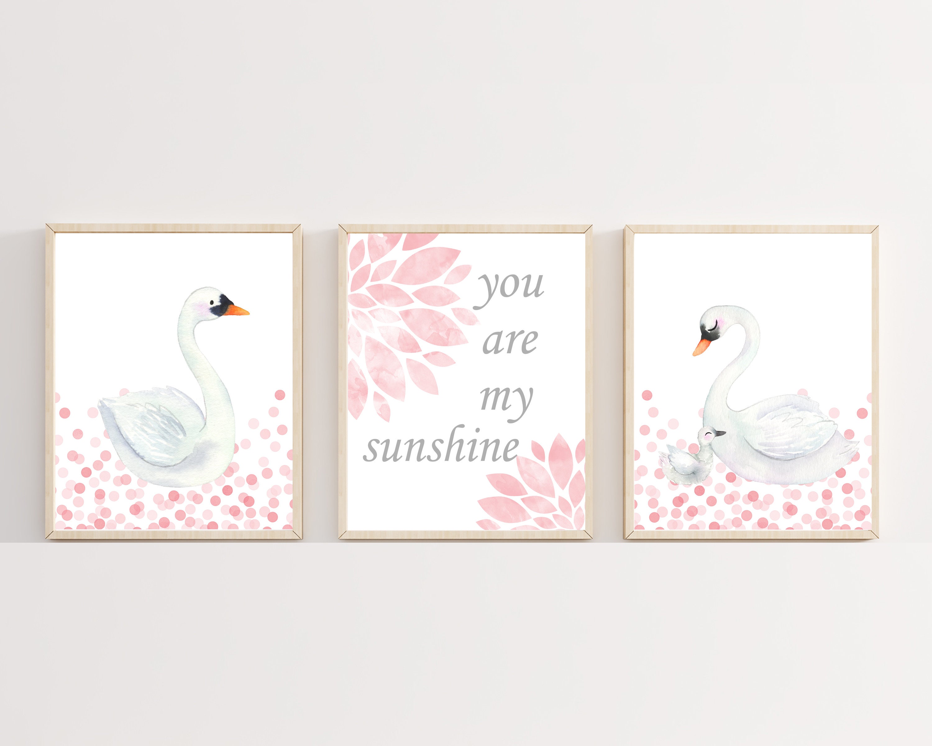 Swan Wall Art Print Set, Baby Girl Nursery Decor, Suits Pink and White ...