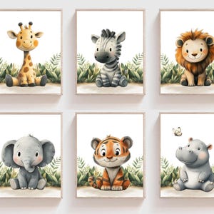 Digital Safari Nursery wall art prints, Safari Nursery art, Baby animal prints, Nursery artwork, kids room wall art, Set of 6, H3194